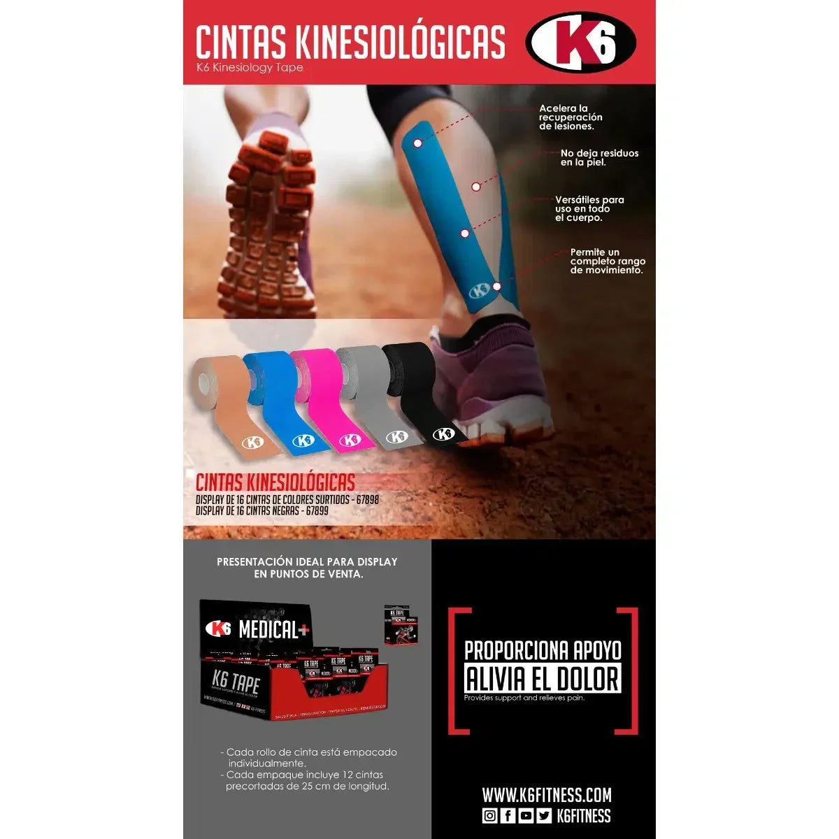 Cinta Kinesiológica Elástica Deportiva K6 Rollo 3m x 5cm (Negro)
