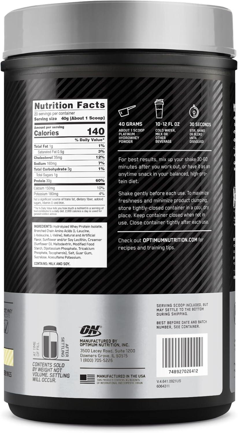 Proteína Optimum Nutrition Platinum HydroWhey Turbo Vainilla 1.75 lb 20 serv