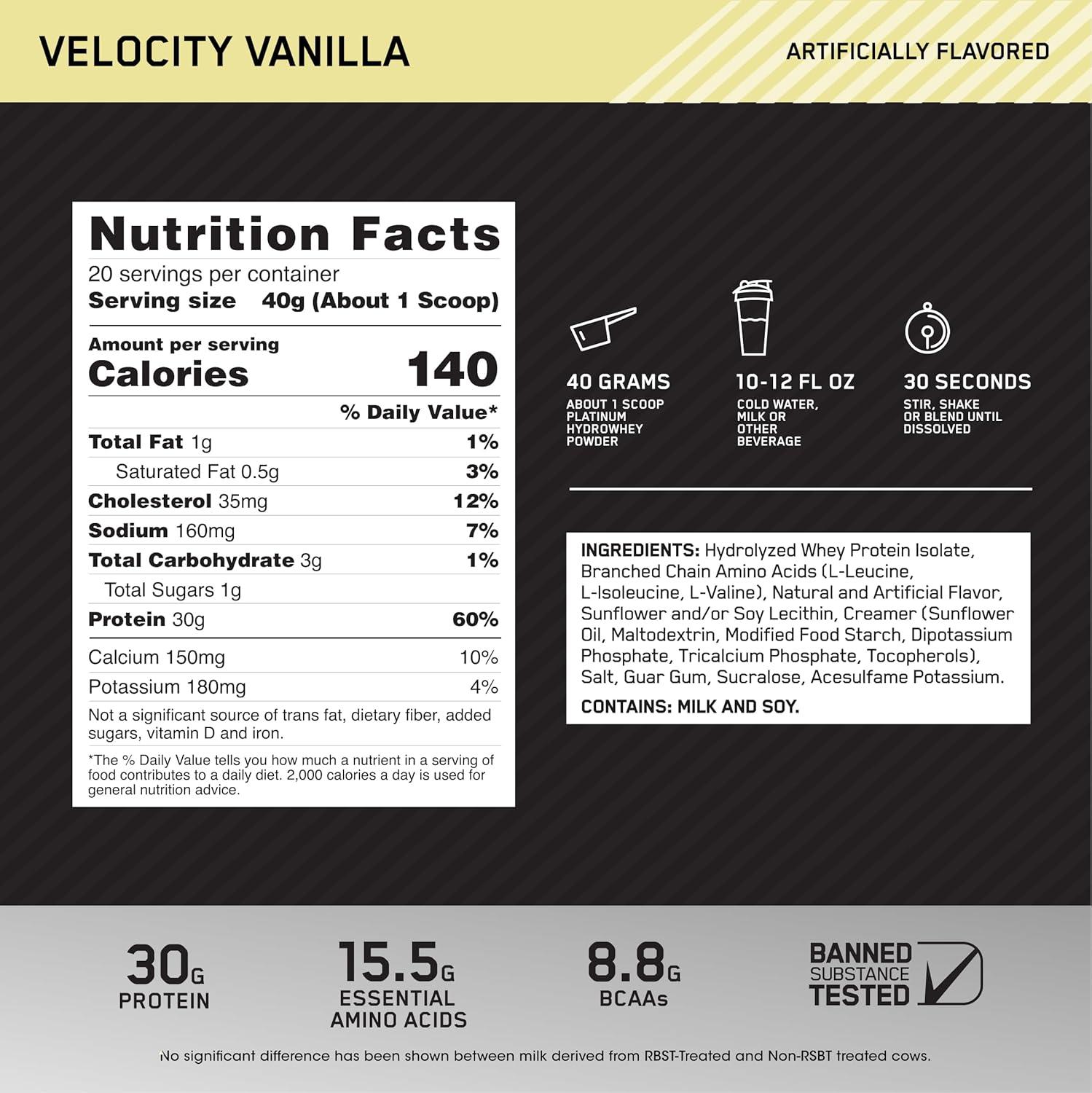 Proteína Optimum Nutrition Platinum HydroWhey Turbo Vainilla 1.75 lb 20 serv