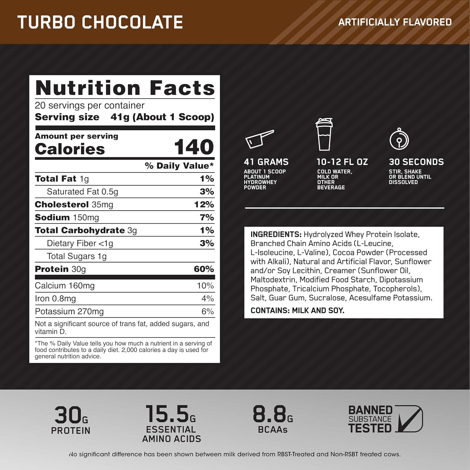 Proteína Optimum Nutrition Platinum HydroWhey Turbo Chocolate 1.80 lb 20 serv
