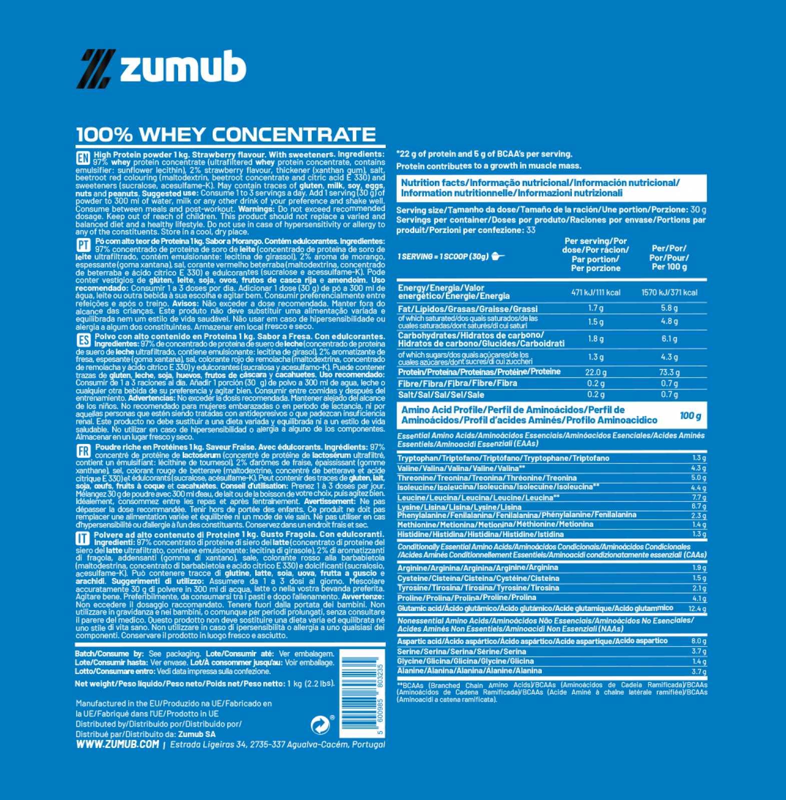 Zumub Proteína 100% Whey Concentrada 1kg   Fresa