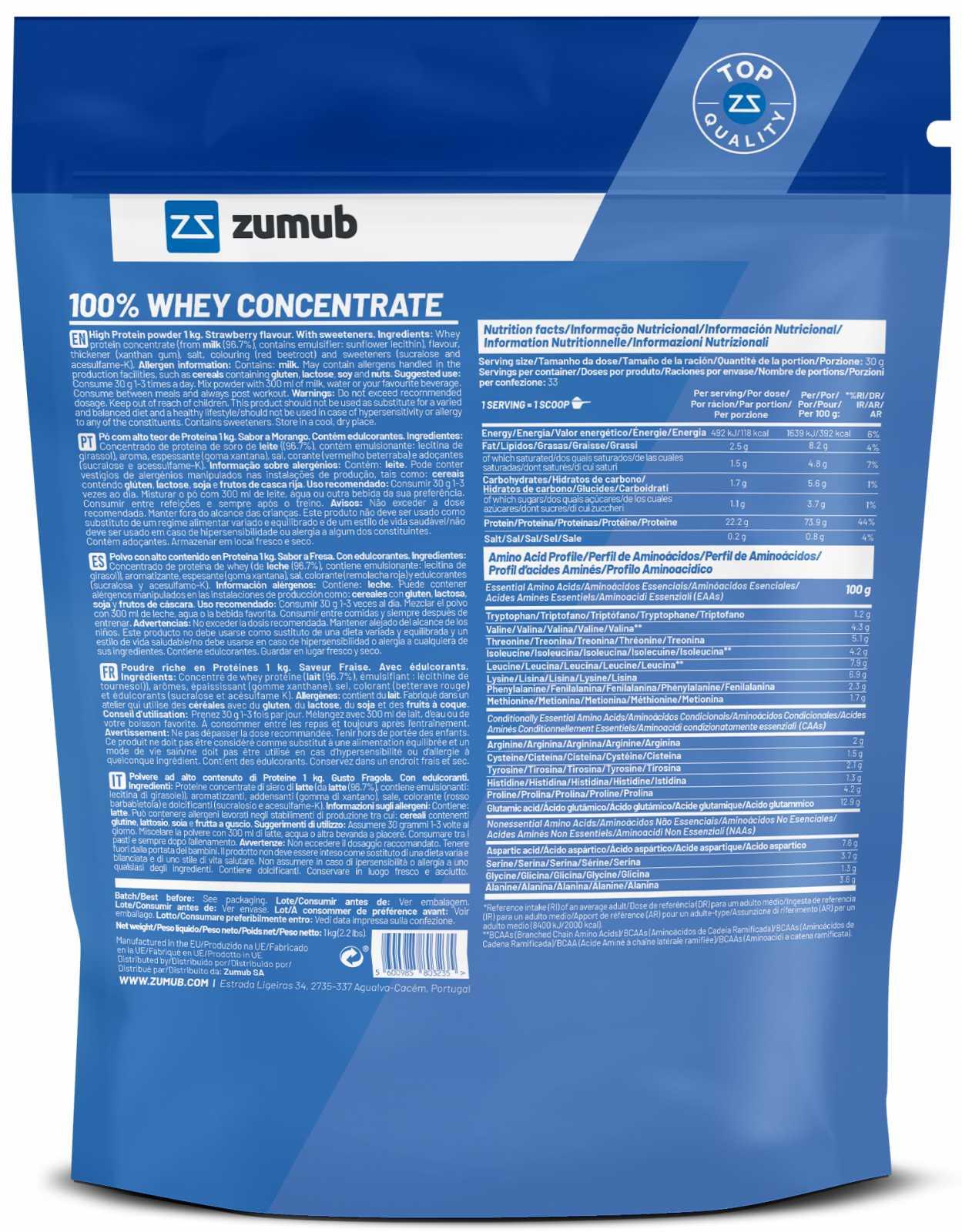 Zumub Proteína 100% Whey Concentrada 1kg   Fresa