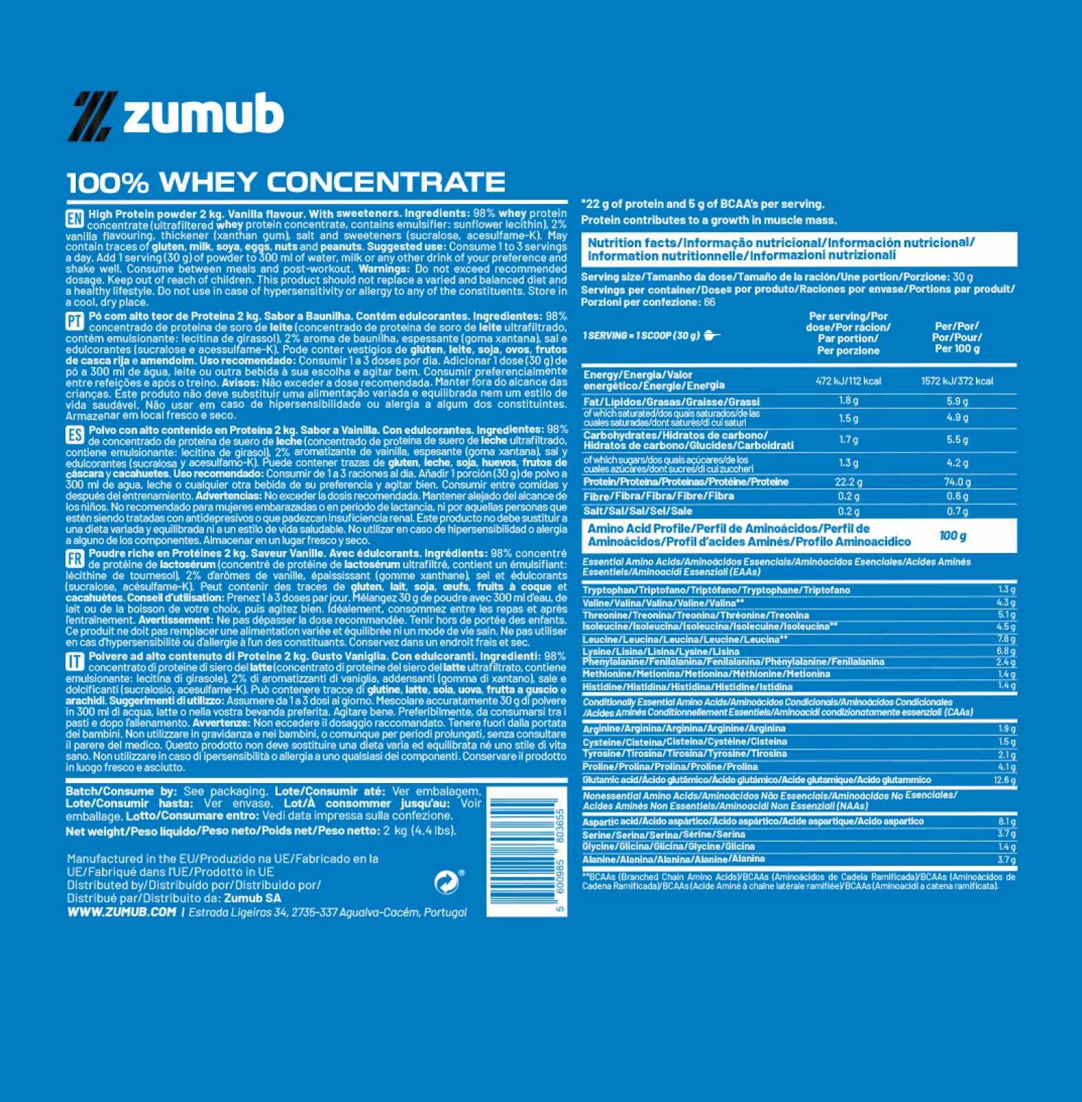 Zumub Proteína 100% Whey Concentrada 2kg   Vainilla