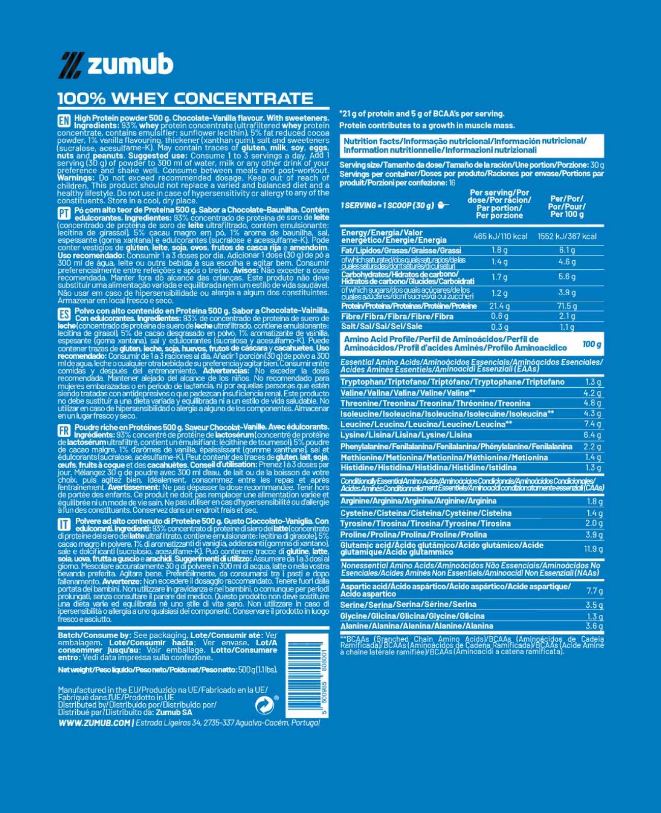 Zumub Proteína 100% Whey Concentrada 500 g   Chocolate   Vainilla