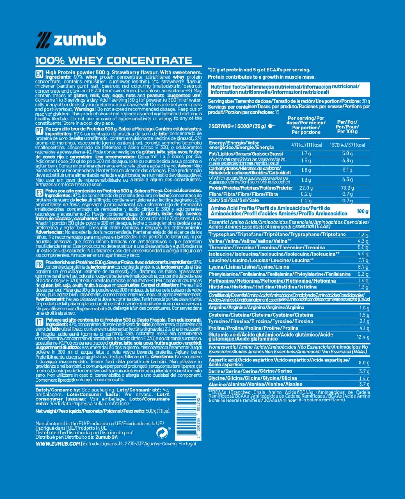 Zumub Proteína 100% Whey Concentrada 500 g   Fresa