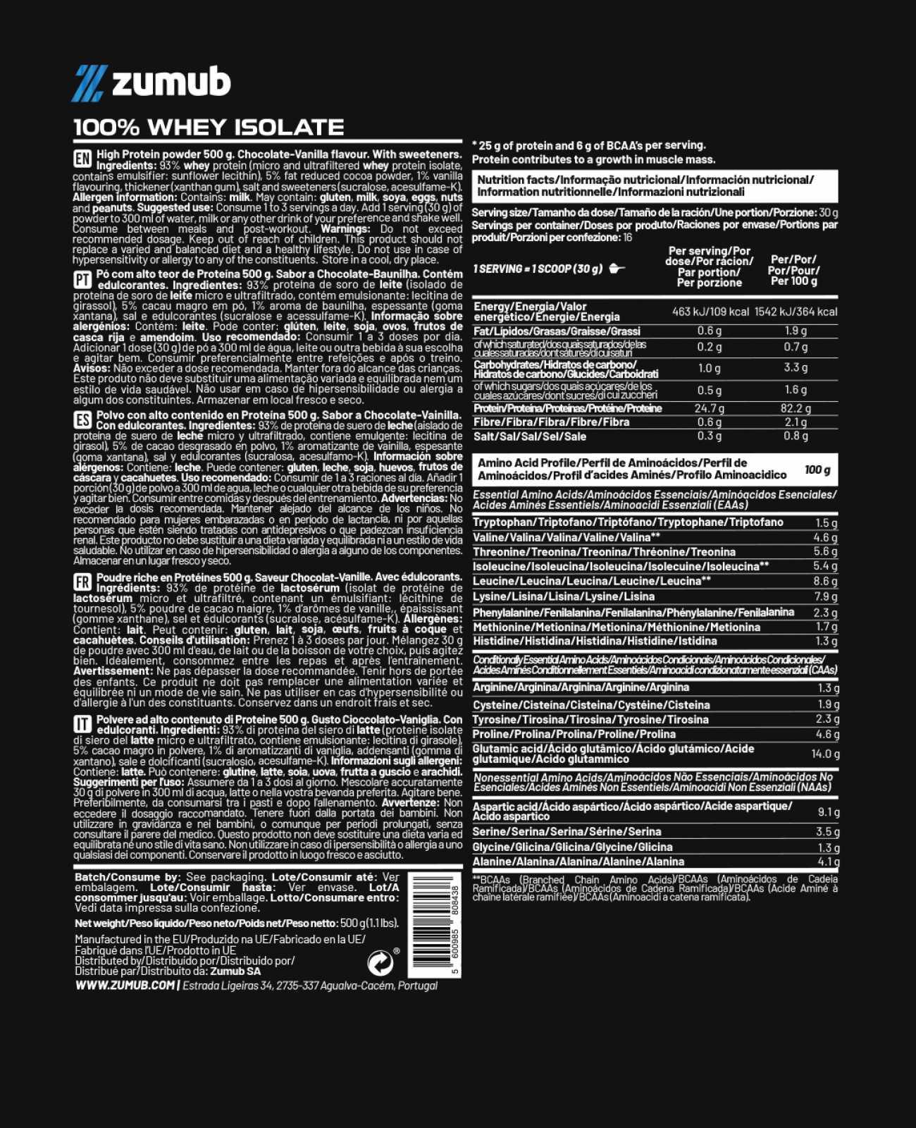 Zumub Proteína 100% Whey Aislada 500 g   Chocolate - Vainilla