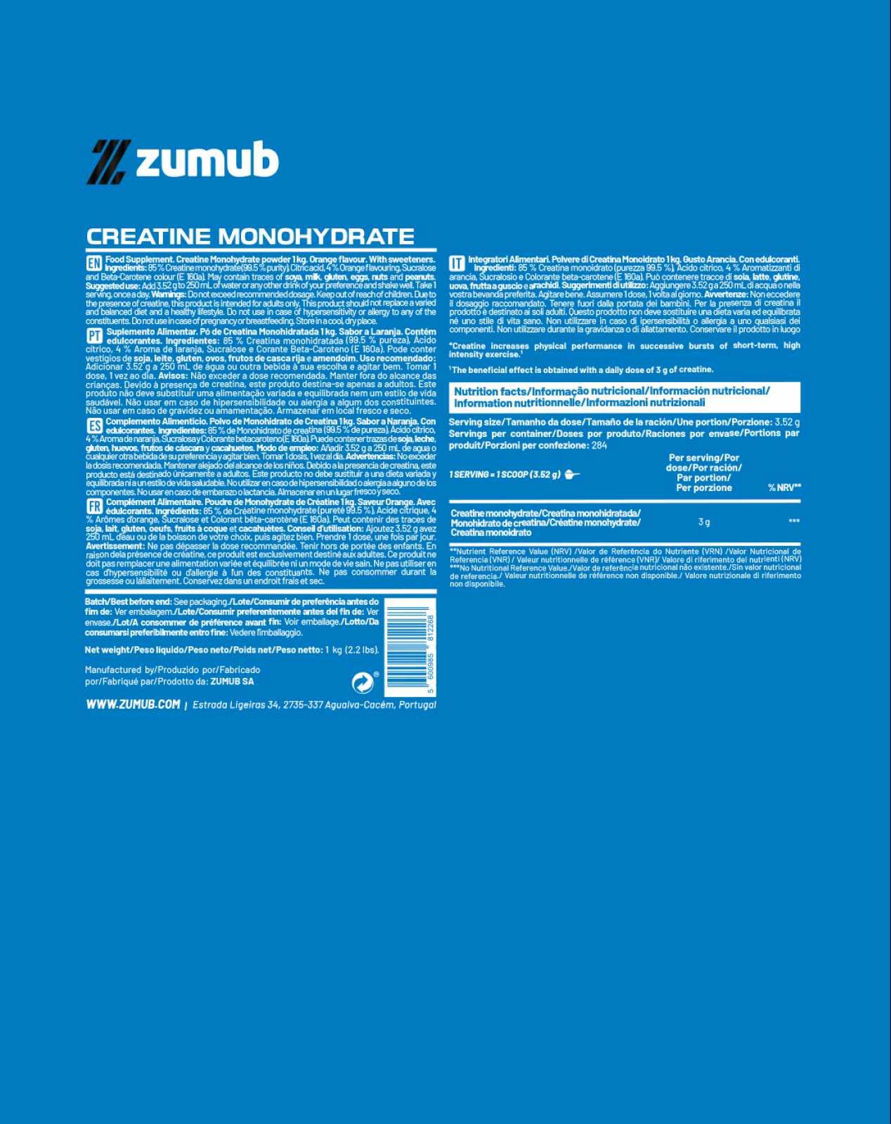 Zumub Creatina Monohidratada 1kg   Sabor Naranja