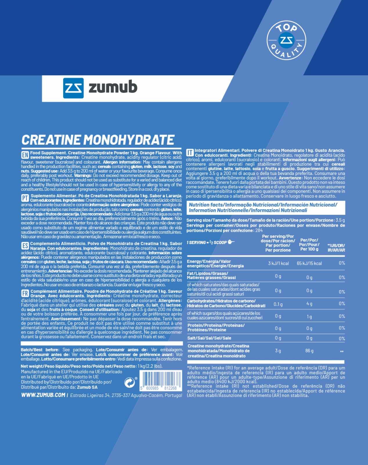 Zumub Creatina Monohidratada 1kg   Sabor Naranja