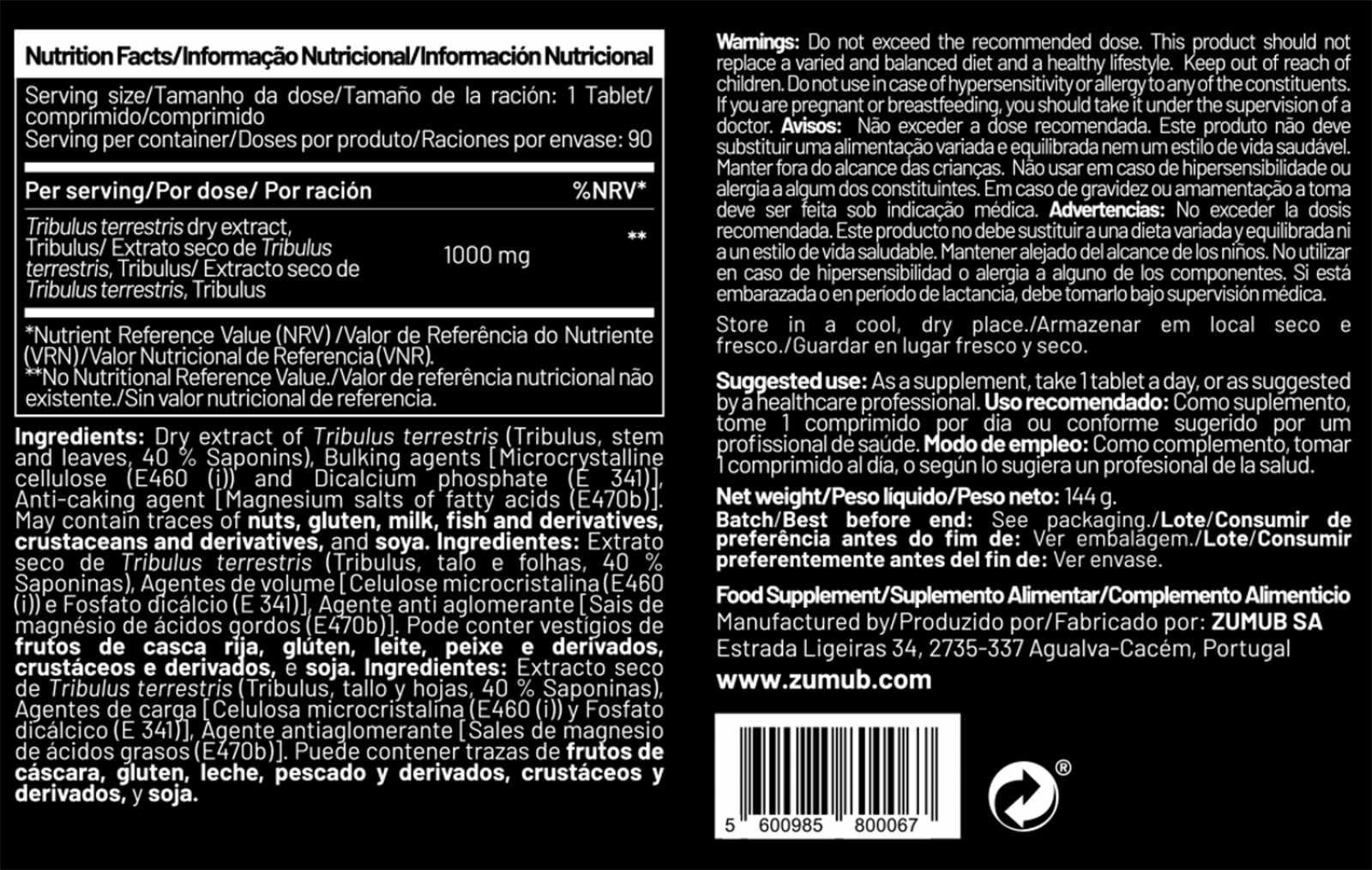 Zumub Tribulus Terrestris 90 caps Testosterona