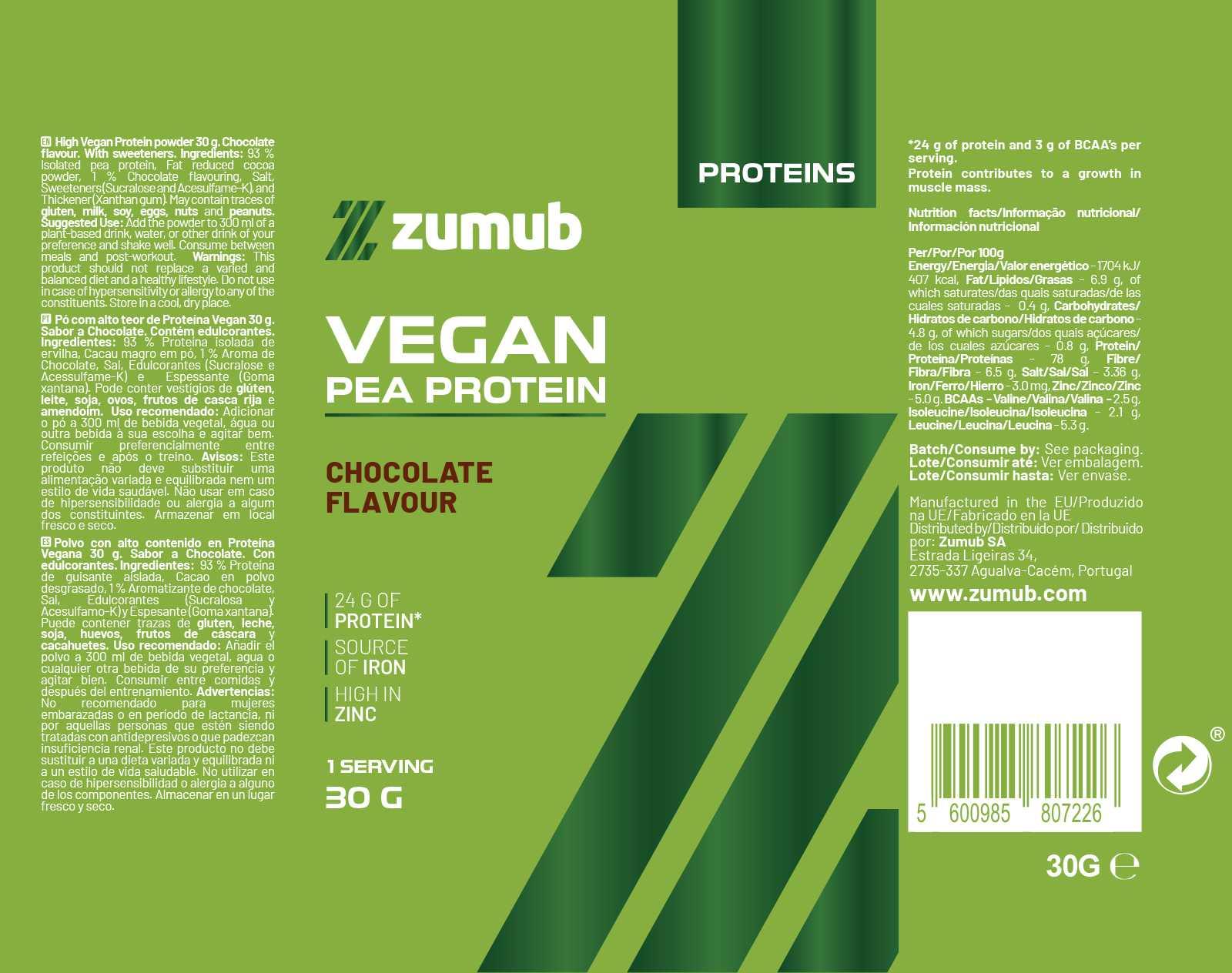 Zumub Proteína 100% Vegana 30g   Chocolate