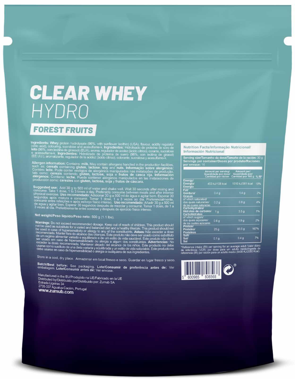 Zumub Proteína Clear Whey Hydro 500 g   Frutos del Bosque