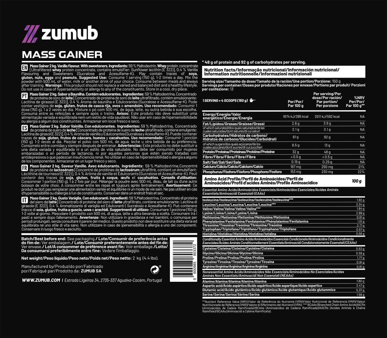Zumub Mass Gainer 2kg   Vainilla