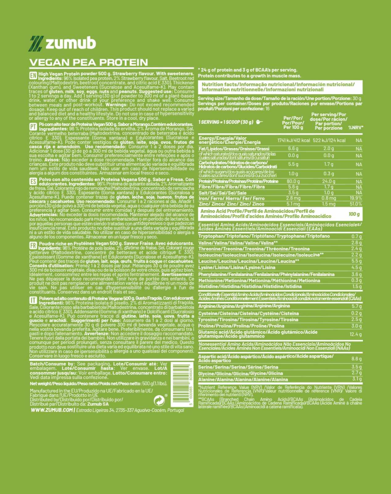 Zumub Proteína Vegana   Fresa 500 g
