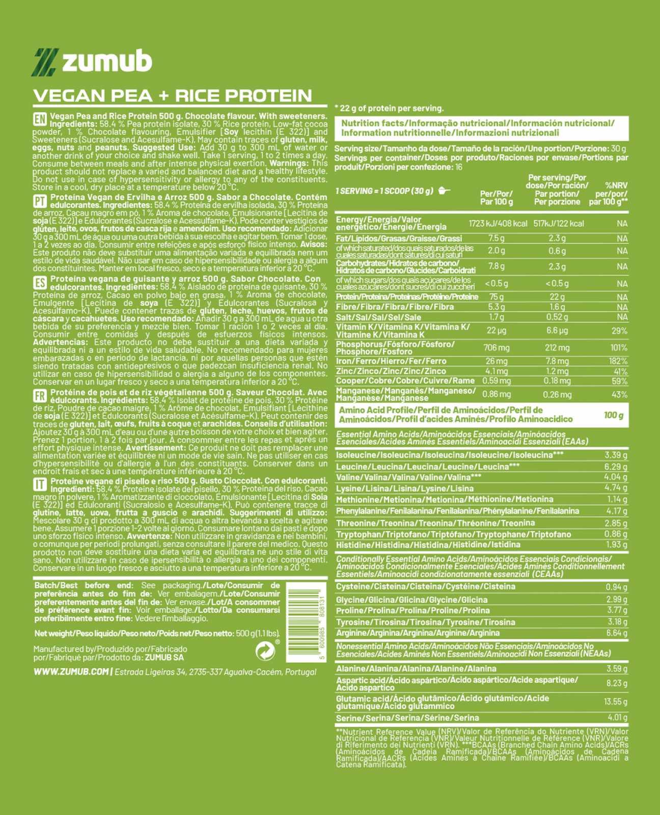 Zumub Proteína vegana (Guisante y Arroz) Chocolate 500 g