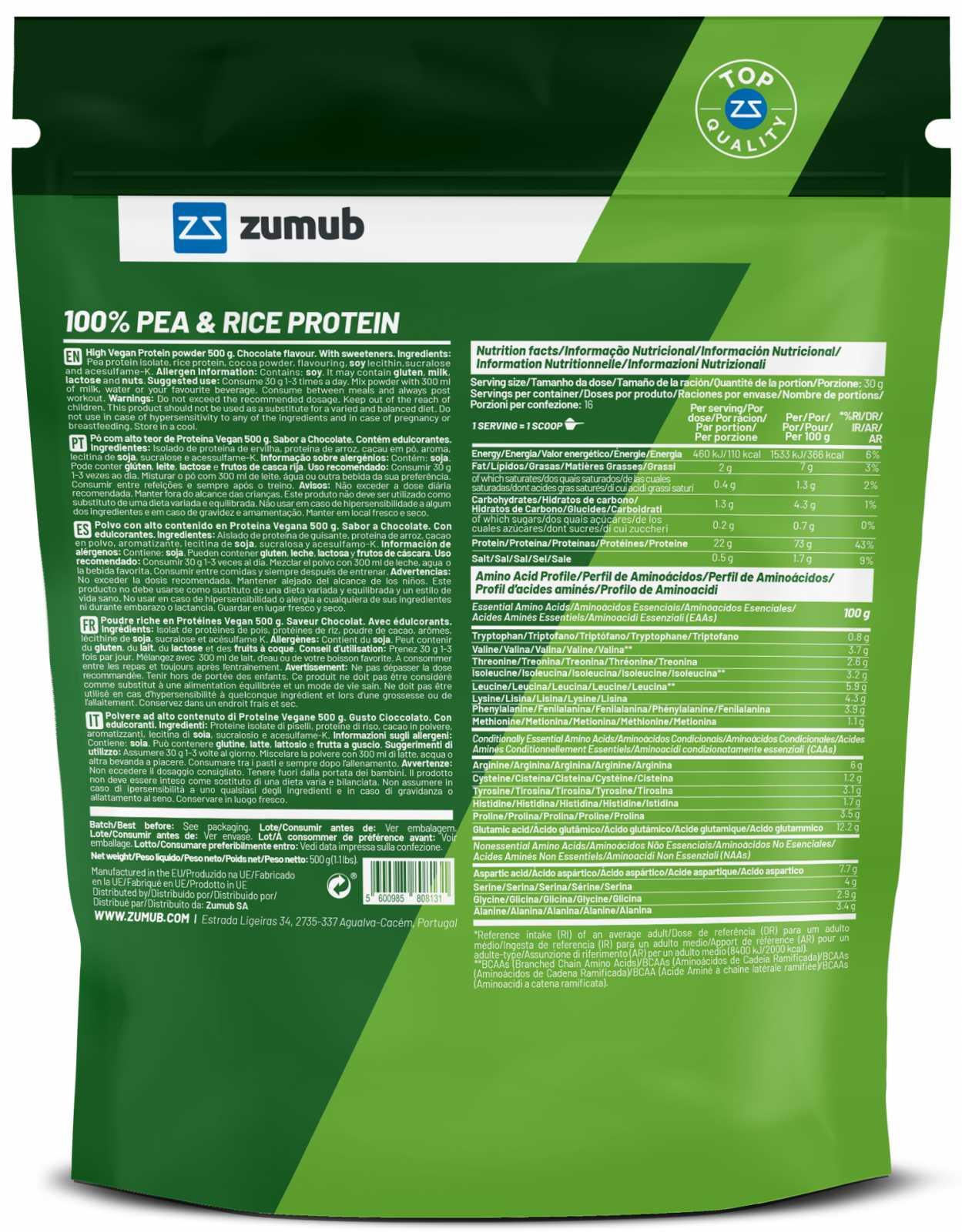 Zumub Proteína vegana (Guisante y Arroz) Chocolate 500 g