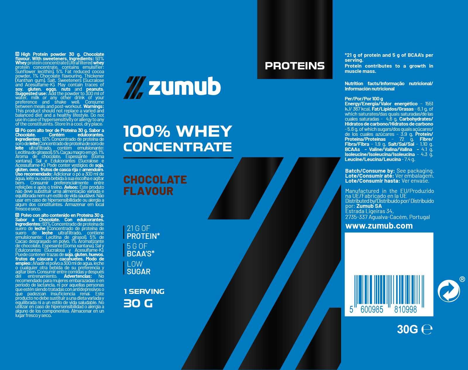 Zumub Proteína 100% Whey Concentrada   Chocolate 30g Sobre individual
