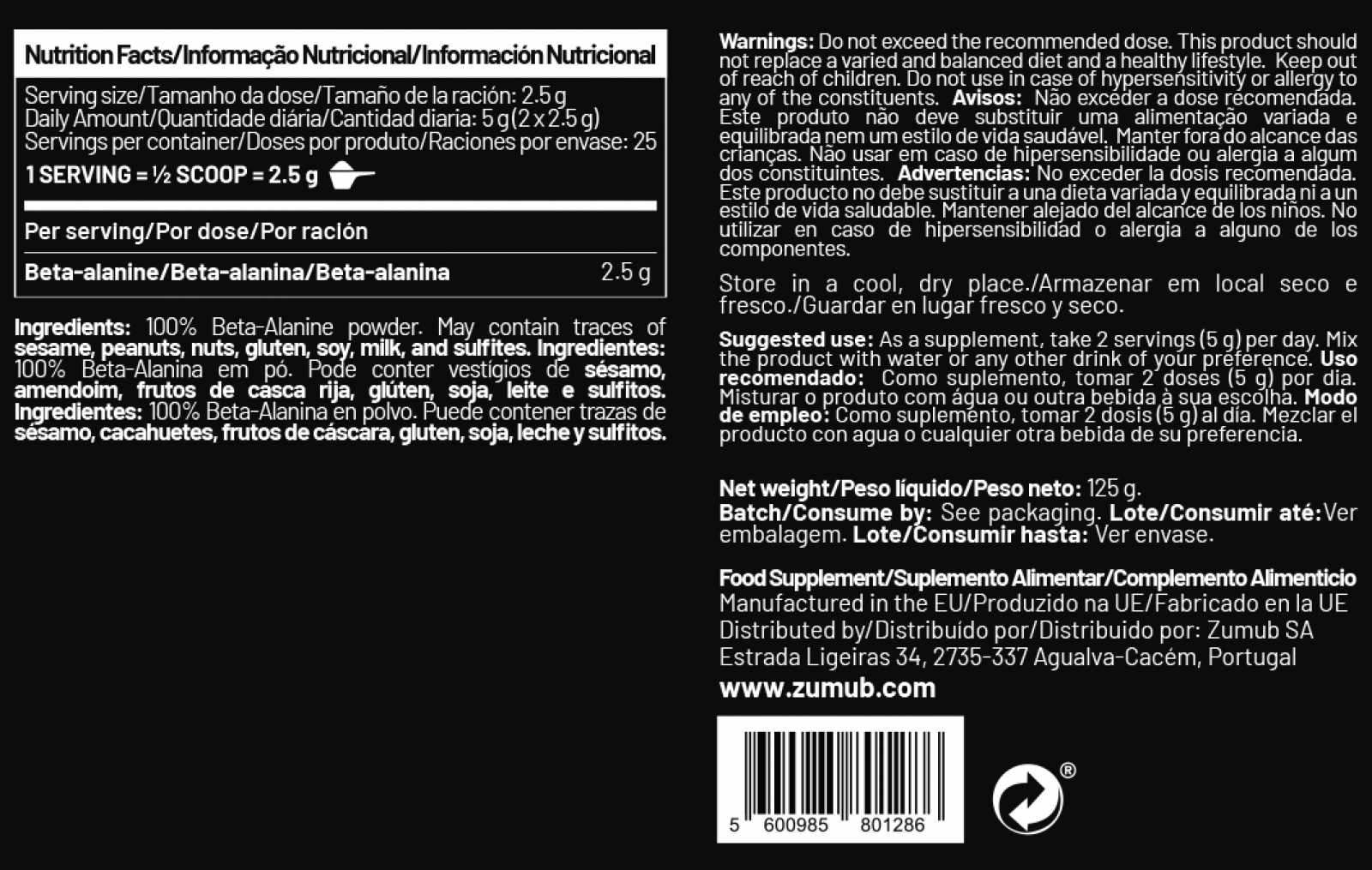 Beta Alanina Zumub 125g Aminoácido