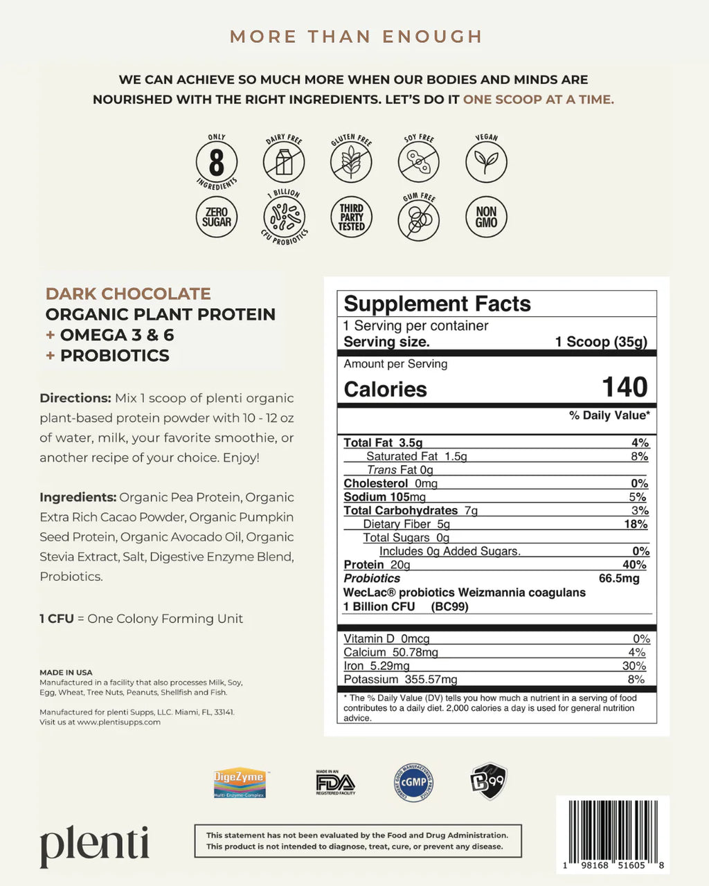 Plenti Proteína Vegetal de Chocolate Oscuro 2 lb 27 Servicios