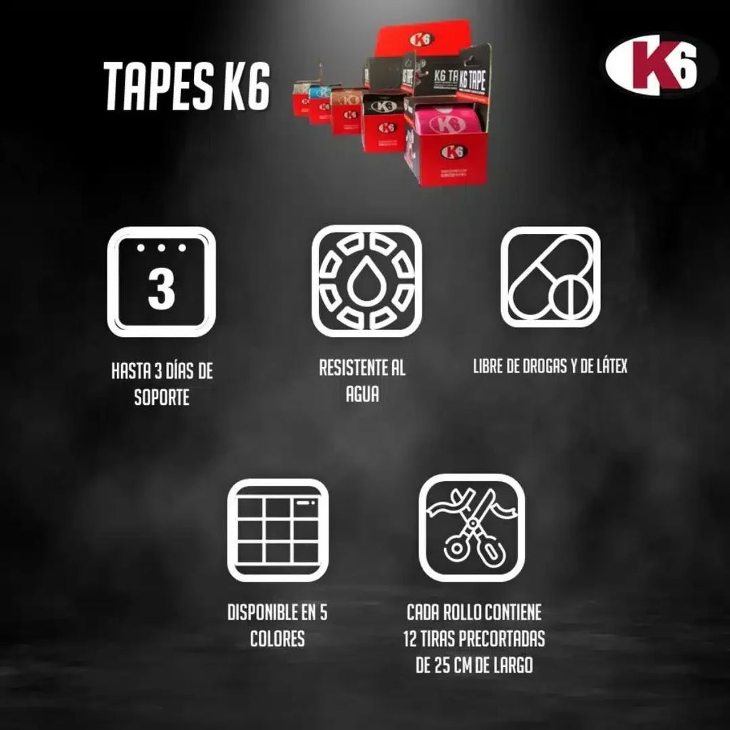 Cinta Kinesiológica Elástica Deportiva K6 Rollo 3m x 5cm (Negro)