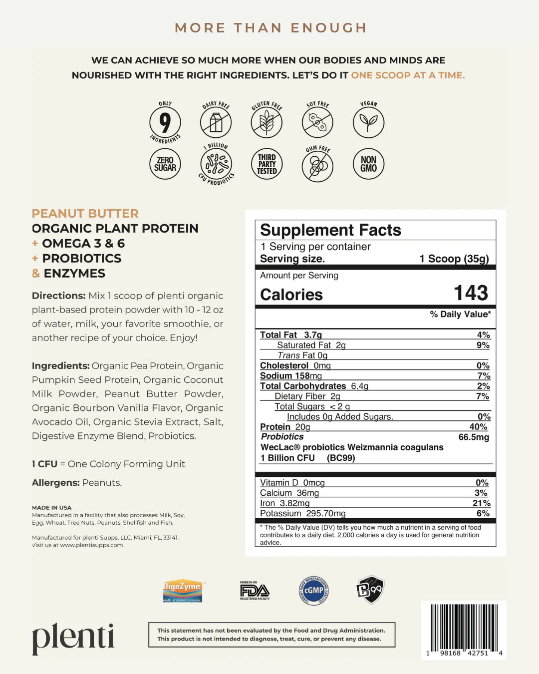 Plenti Proteína Vegetal de Peanut Butter 2 lb 27 Servicios