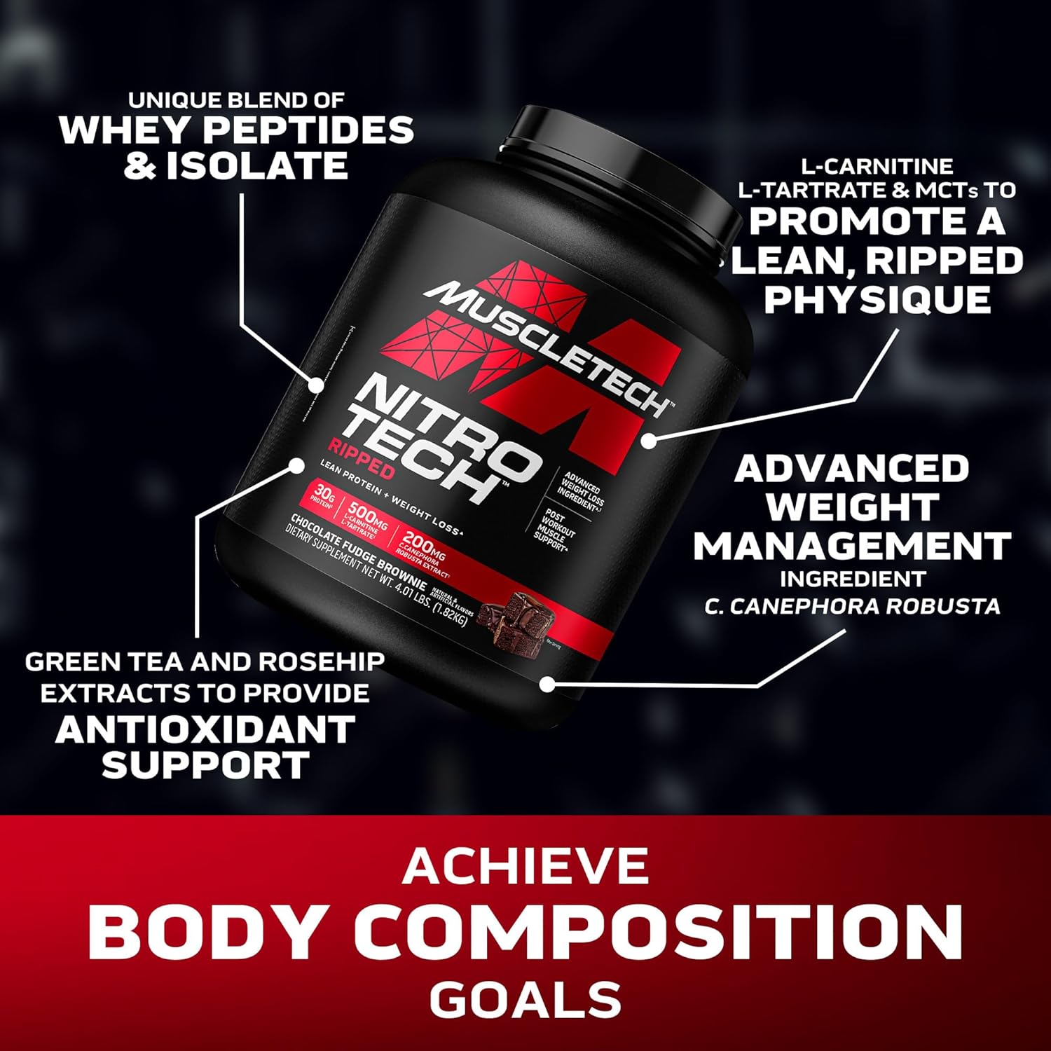 MuscleTech Nitro Tech Ripped  Chocolate Fudge Brownie 4 LB