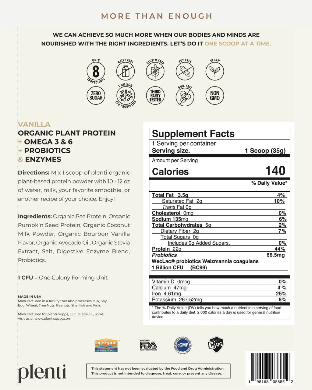 Plenti Proteína Vegetal de Vainilla 2 lb 27 Servicios