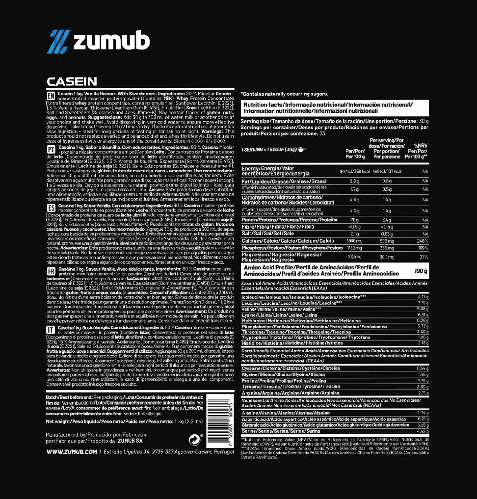 Zumub Caseína  1kg   Vainilla