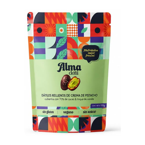 Alma Dátil Dátiles Rellenos Cubiertos de Chocolate sin Azúcar 100 g – Crema de Pistacho