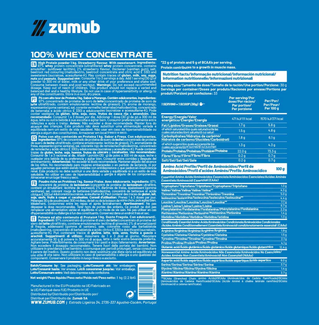 Zumub Proteína 100% Whey Concentrada 1kg   Fresa