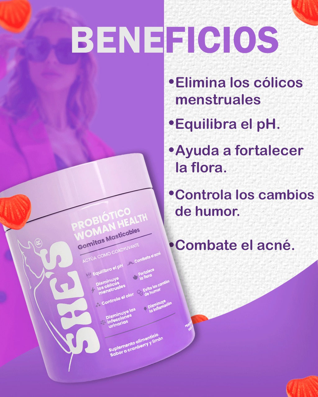 SHE'S Probiótico Woman Health — Gomitas Masticables (Cereza y Arándano)