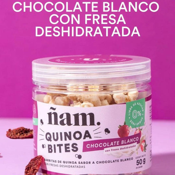 ÑAM QUINOA BITES 50 g - Chocolate Blanco con Fresas Deshidratadas