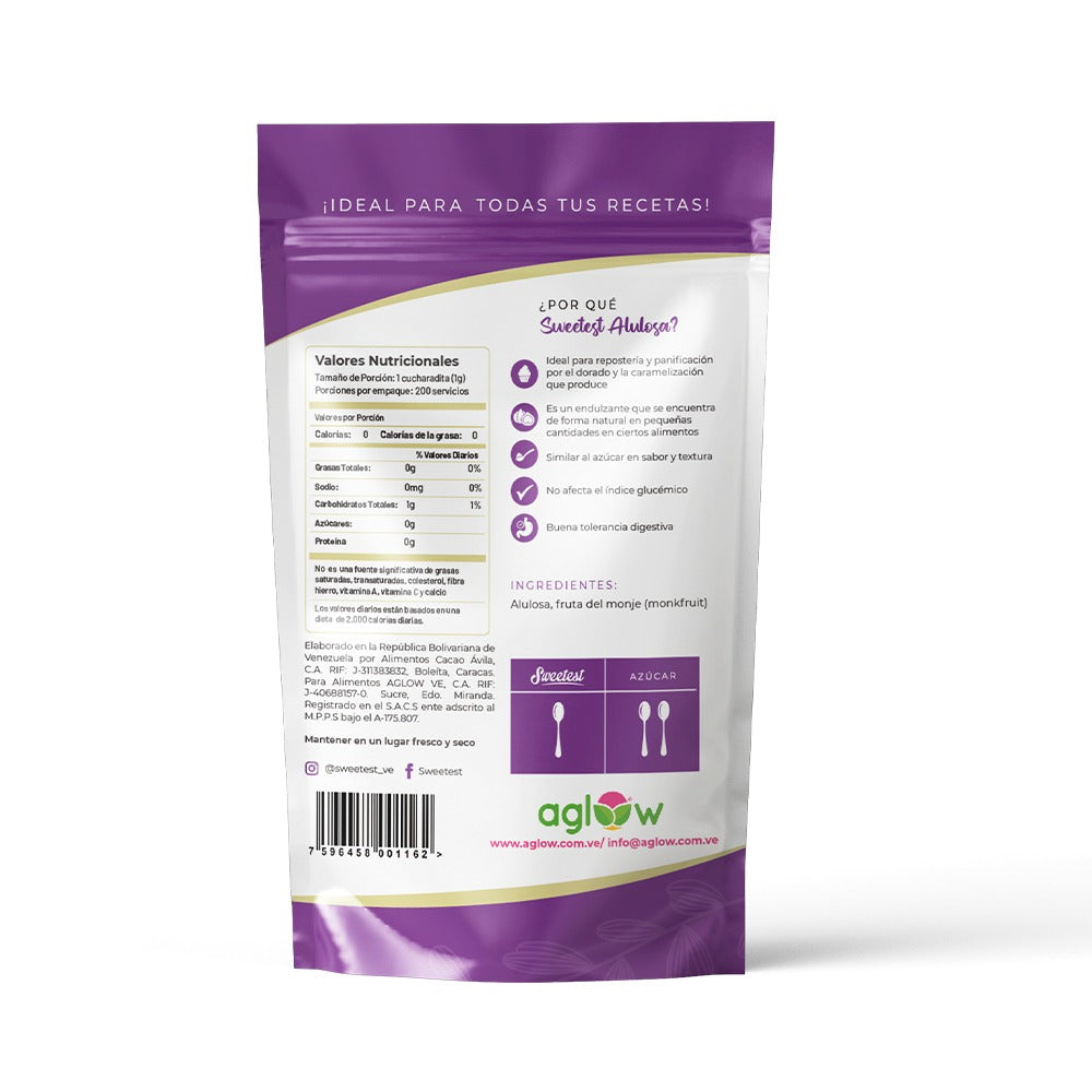 SWEETEST Endulzante ALULOSA con Monkfruit 200 G — reverso con valores nutricionales