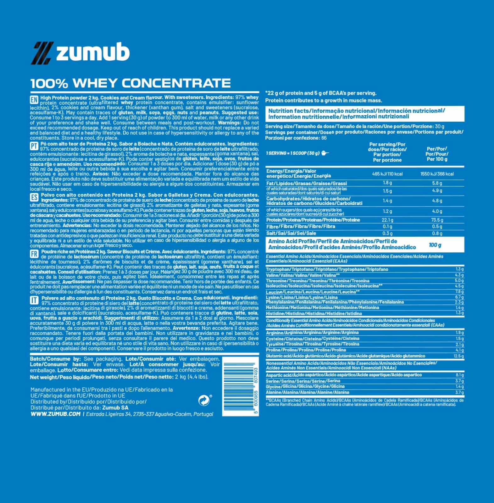 Zumub Proteína 100% Whey Concentrada 2 kg   Cookies and Cream