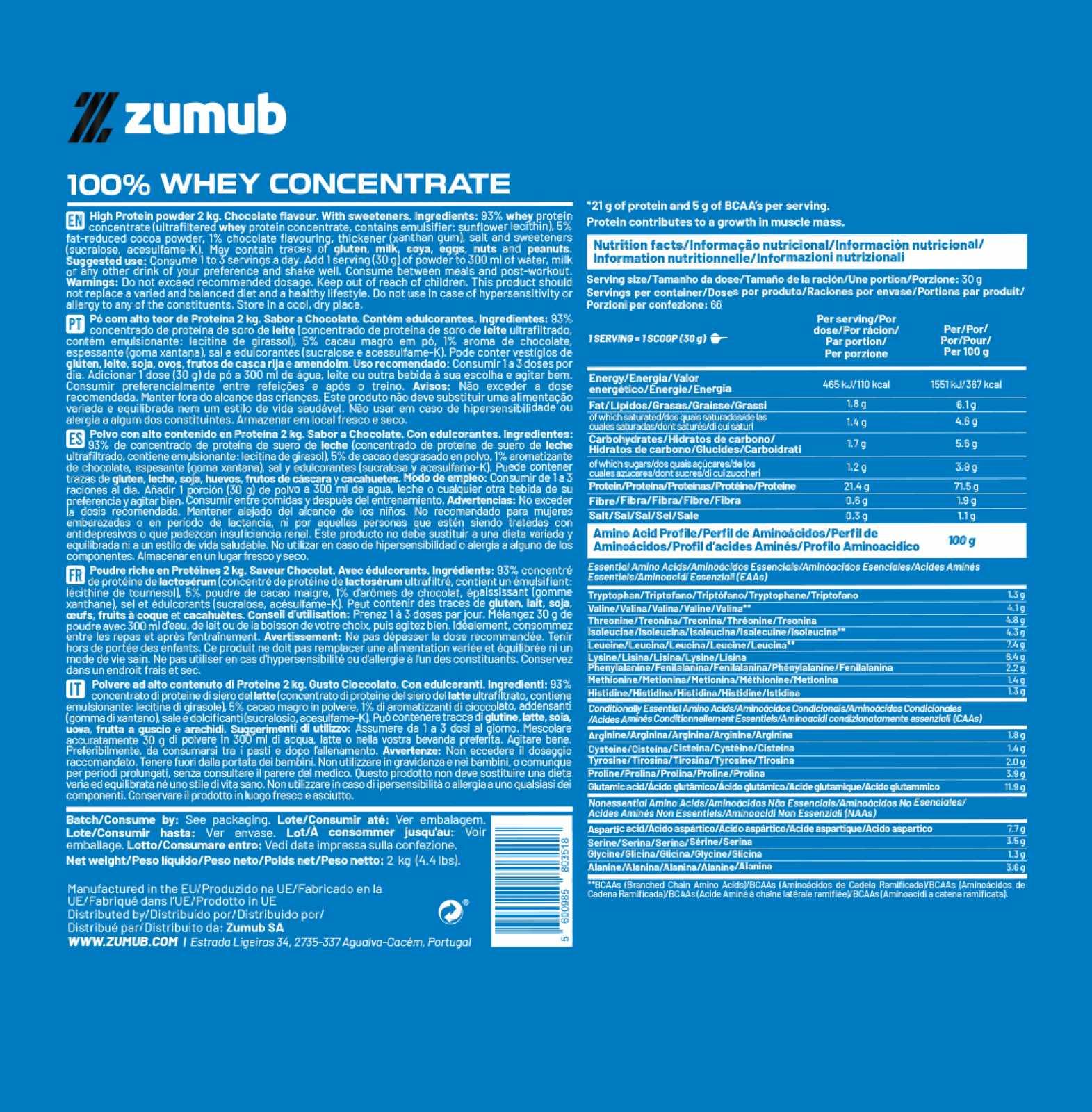 Zumub Proteína 100% Whey Concentrada 2 kg   Chocolate