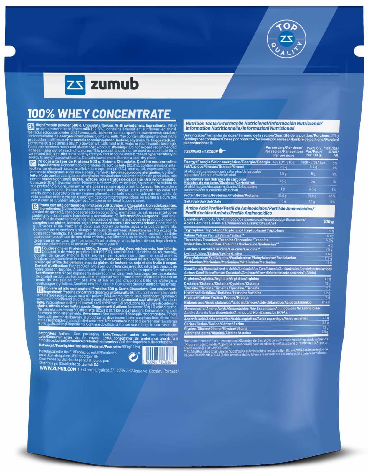 Zumub Proteína 100% Whey Concentrada 500 g   Chocolate