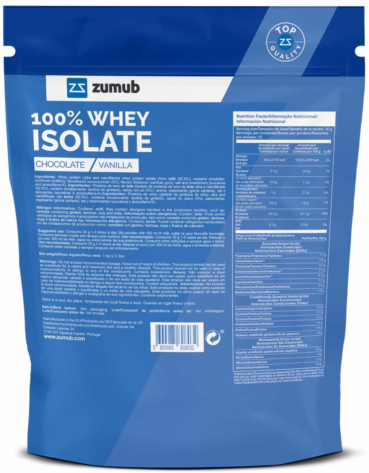 Zumub Proteína 100% Whey Aislada 1 Kg   Chocolate   Vainilla