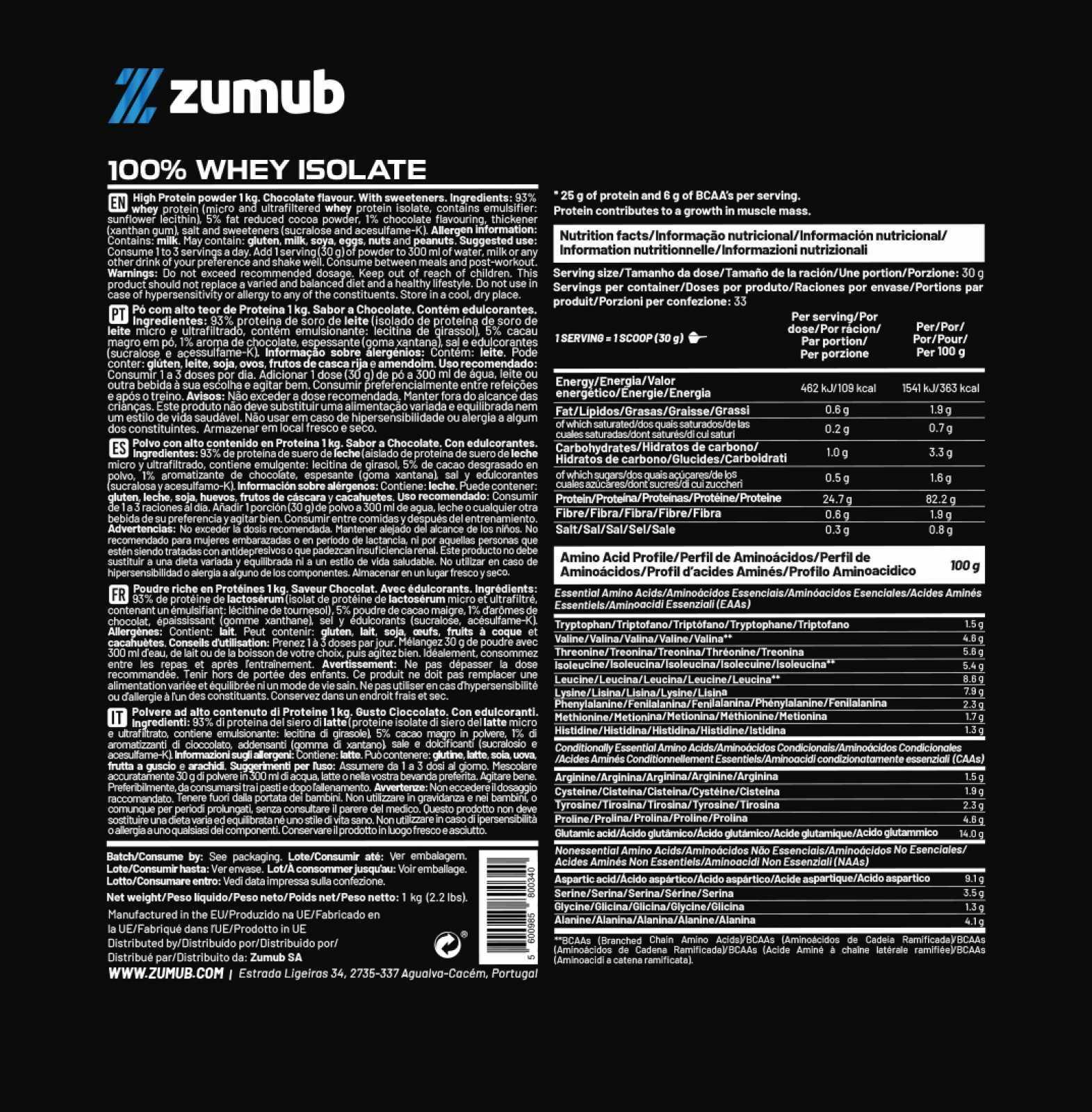 Zumub Proteína 100% Whey Aislada 1 Kg   Chocolate