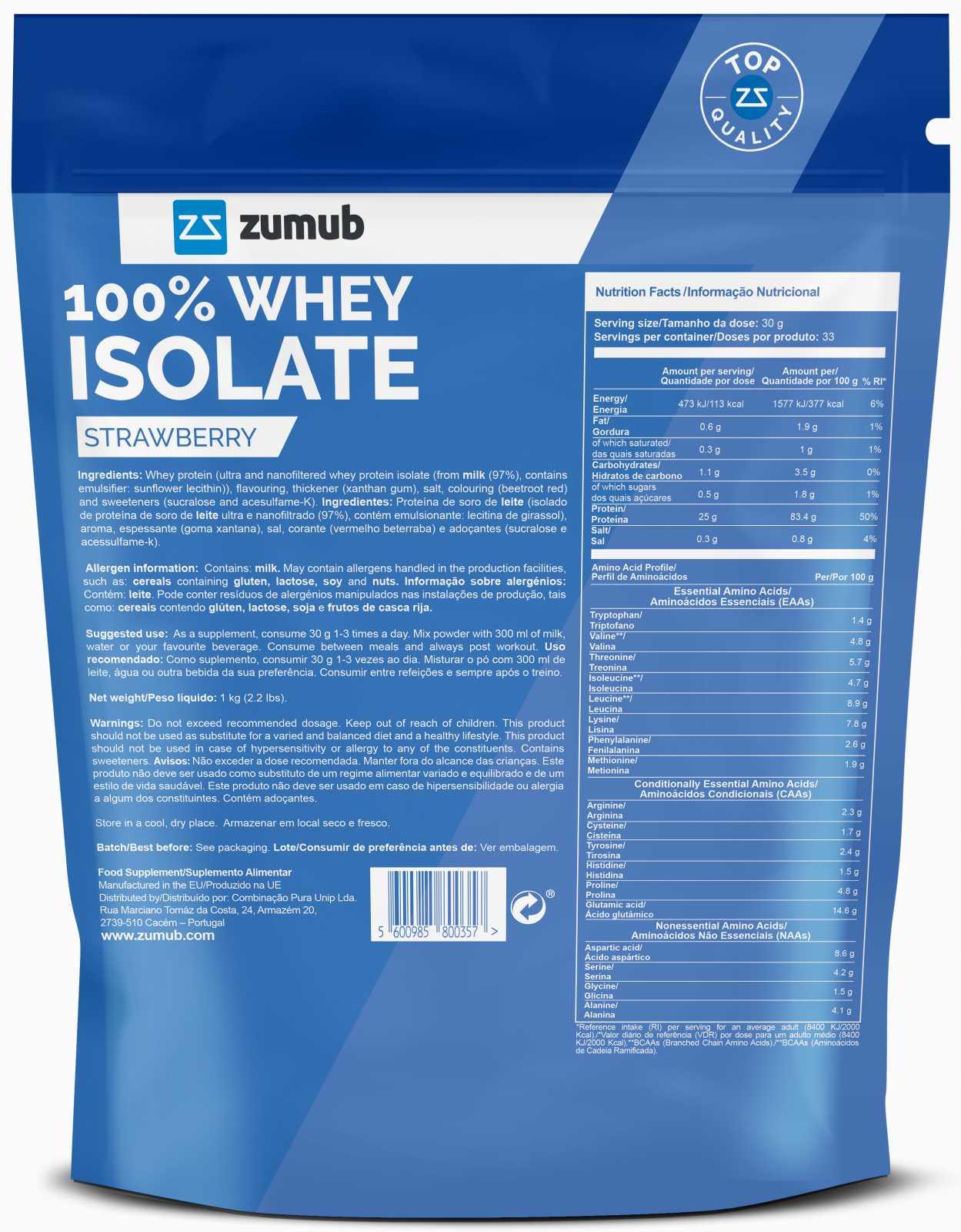 Zumub Proteína 100% Whey Aislada 1 Kg   Fresa