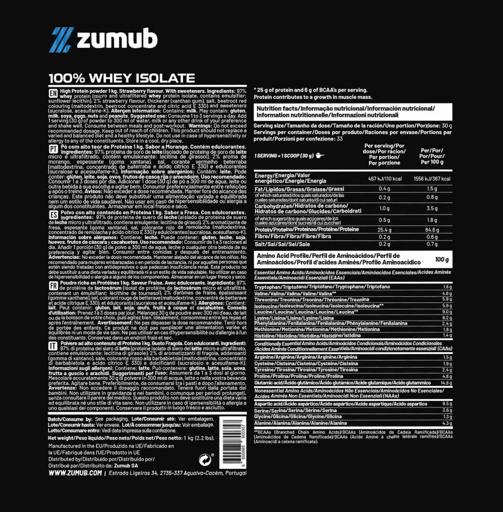 Zumub Proteína 100% Whey Aislada 1 Kg   Fresa