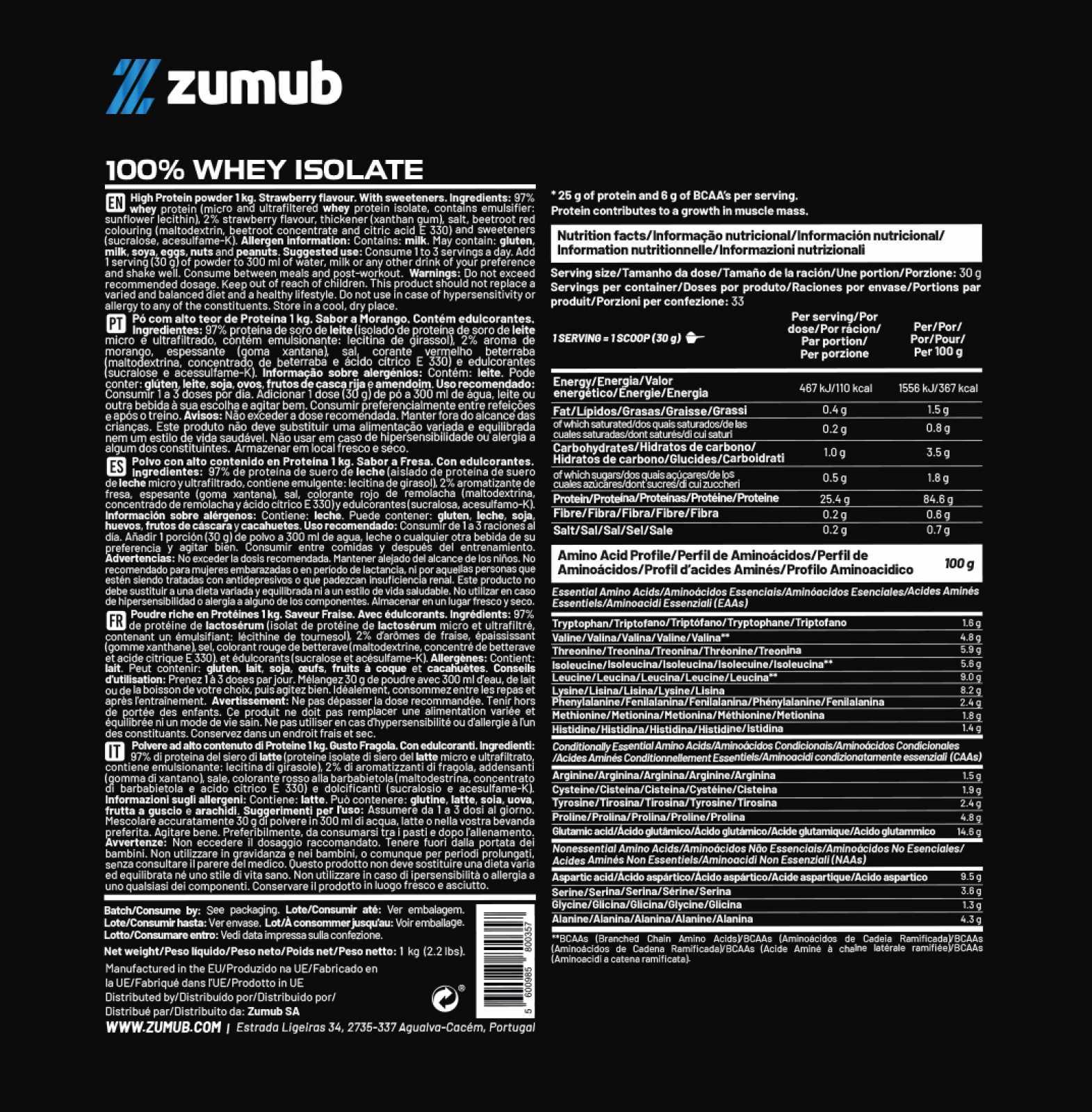 Zumub Proteína 100% Whey Aislada 1 Kg   Fresa