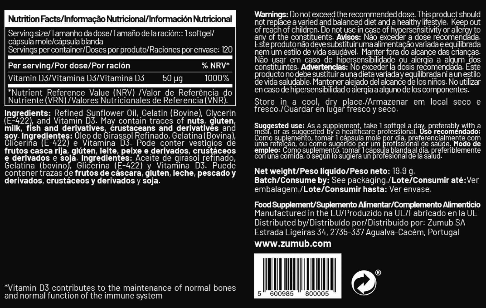 Zumub Vitamina D 3 120 cápsulas blandas