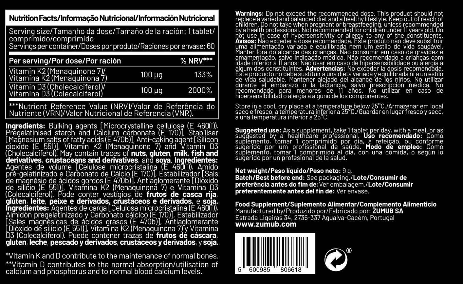 Zumub Vitamina D 3 + K 2 60 Caps